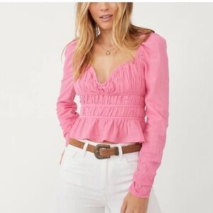 Free People Pink Ruched Long Sleeve Blouse Sz large Aura